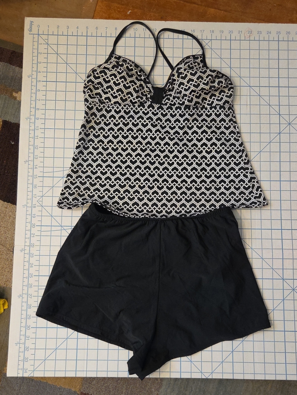Black & White Printed Cami Tankini Top with Black Swim Shorts